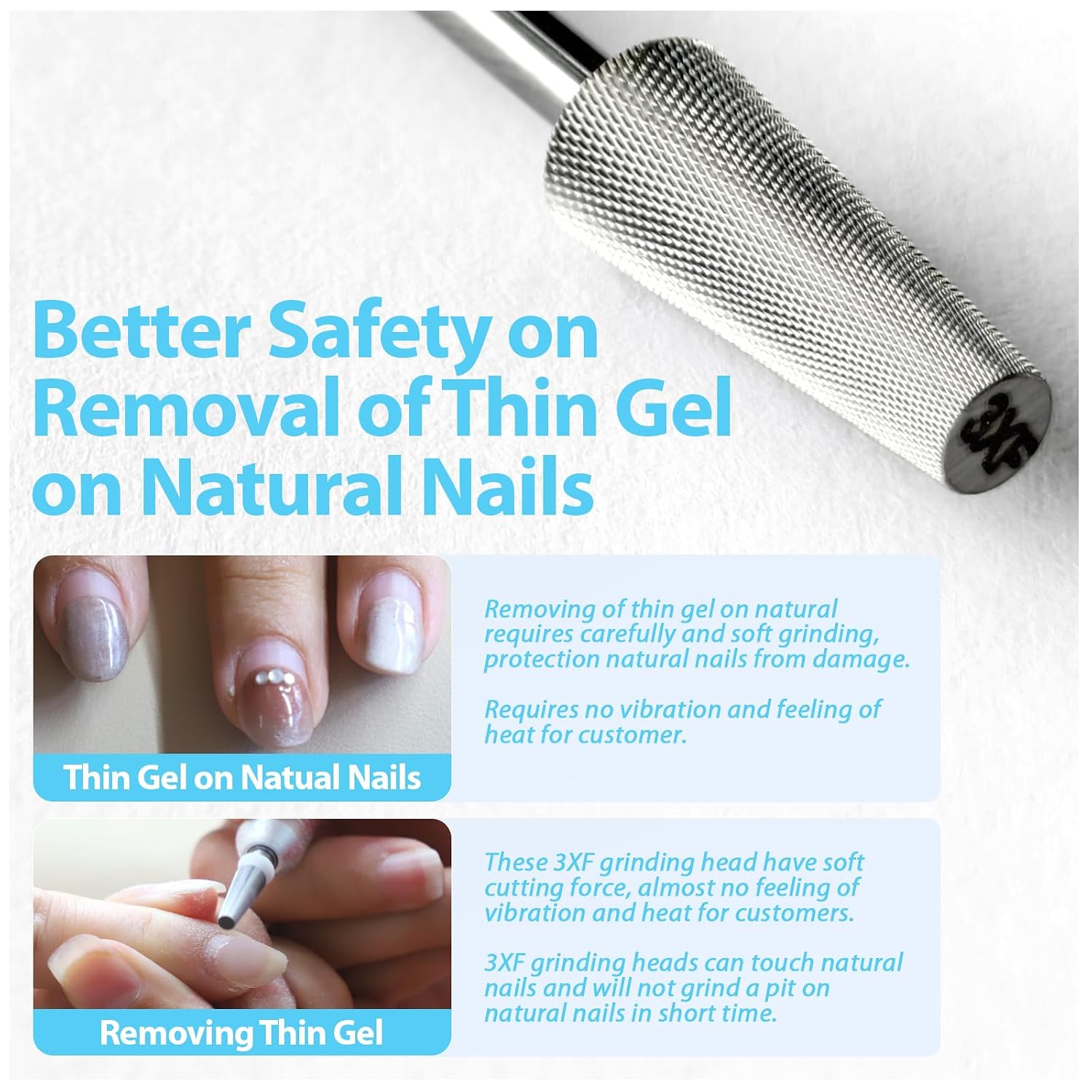 3XF Tapered Barrel Nail Drill Bit, 3/32" Cross-Cut Tungsten Carbide Safety E-File Bit, Low-Vibration for Sensitive Nails & Thin Gel Acrylic Removal, Two-Way Rotation for Nail techs and Beginners