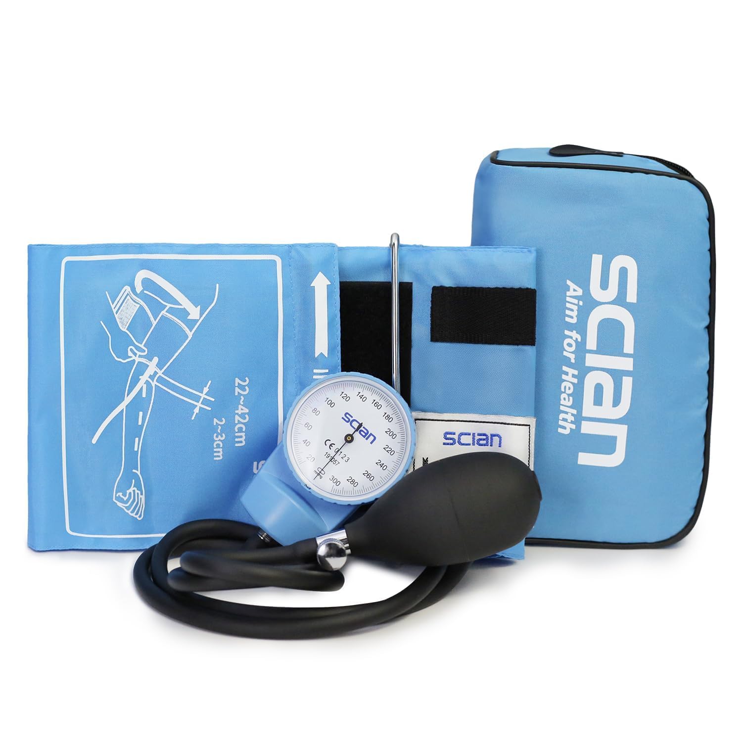 SCIAN Esfigmomanómetro Manual Aneroide, Tensiómetro de Brazo Manual Profesional, Brazalete Universal 22-42cm, para Uso Médico y Doméstico con Bolsa de Transporte (Azul cielo)