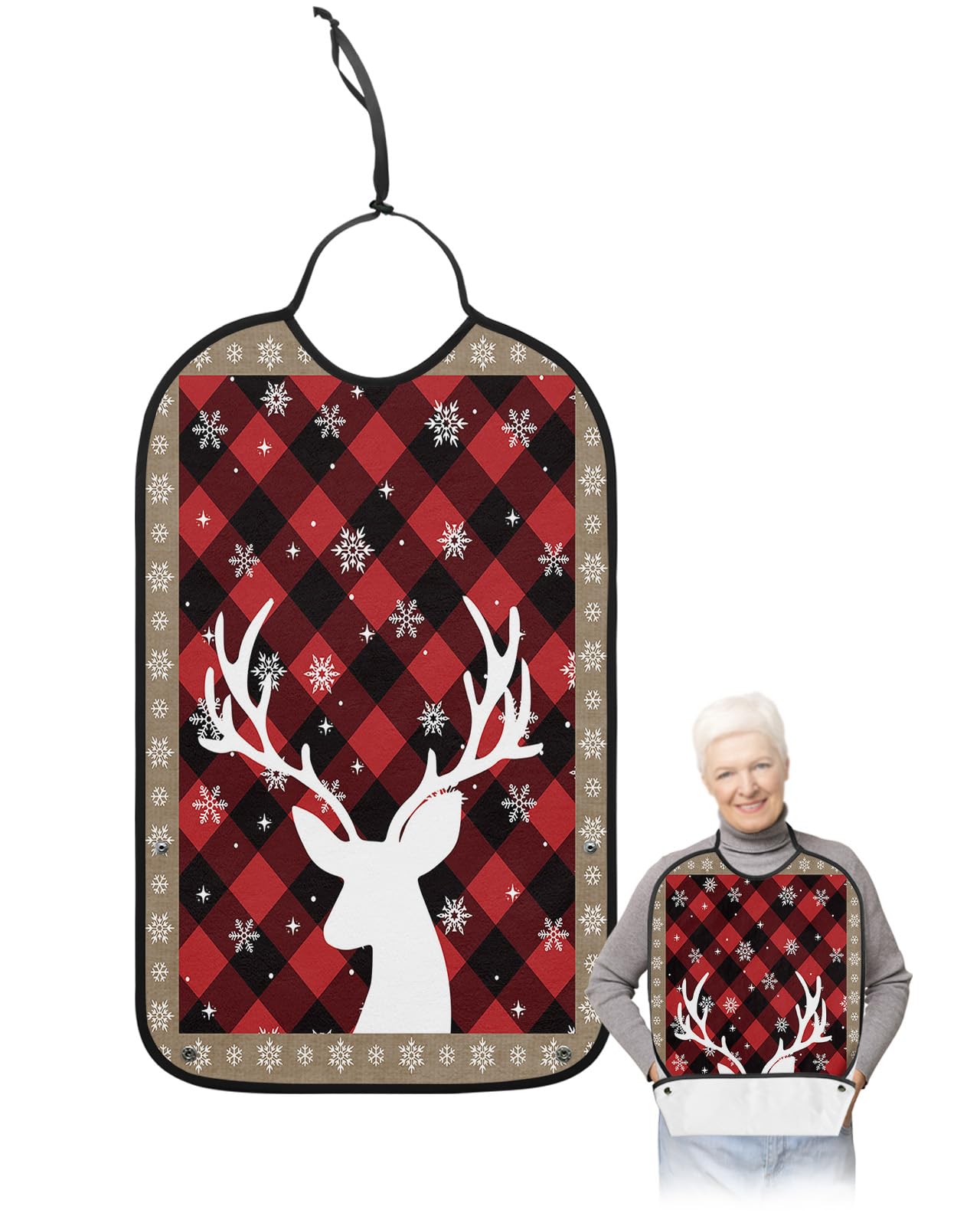 LEOKOTI Christmas Elk Adult Bibs for Eating, Waterproof Bibs with Food Catcher & Adjustable Snap Closure, Red Plaid Snowflake Brown Board Washable Clothing Protectors Adult Bibs for Elderly Women/Men