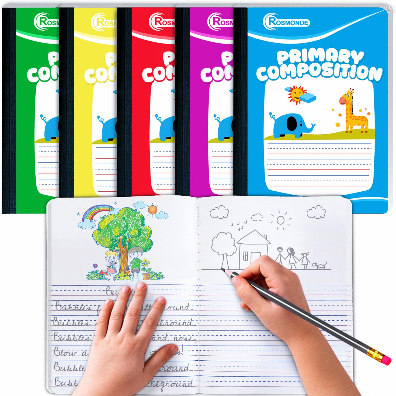 Rosmonde Composition Notebook 5 Pack, Grades K-2 Primary Ruled, 200 Pages (100 Sheets), Draw and Write Journal, 9-3/4" x 7-1/2", Primary Composition