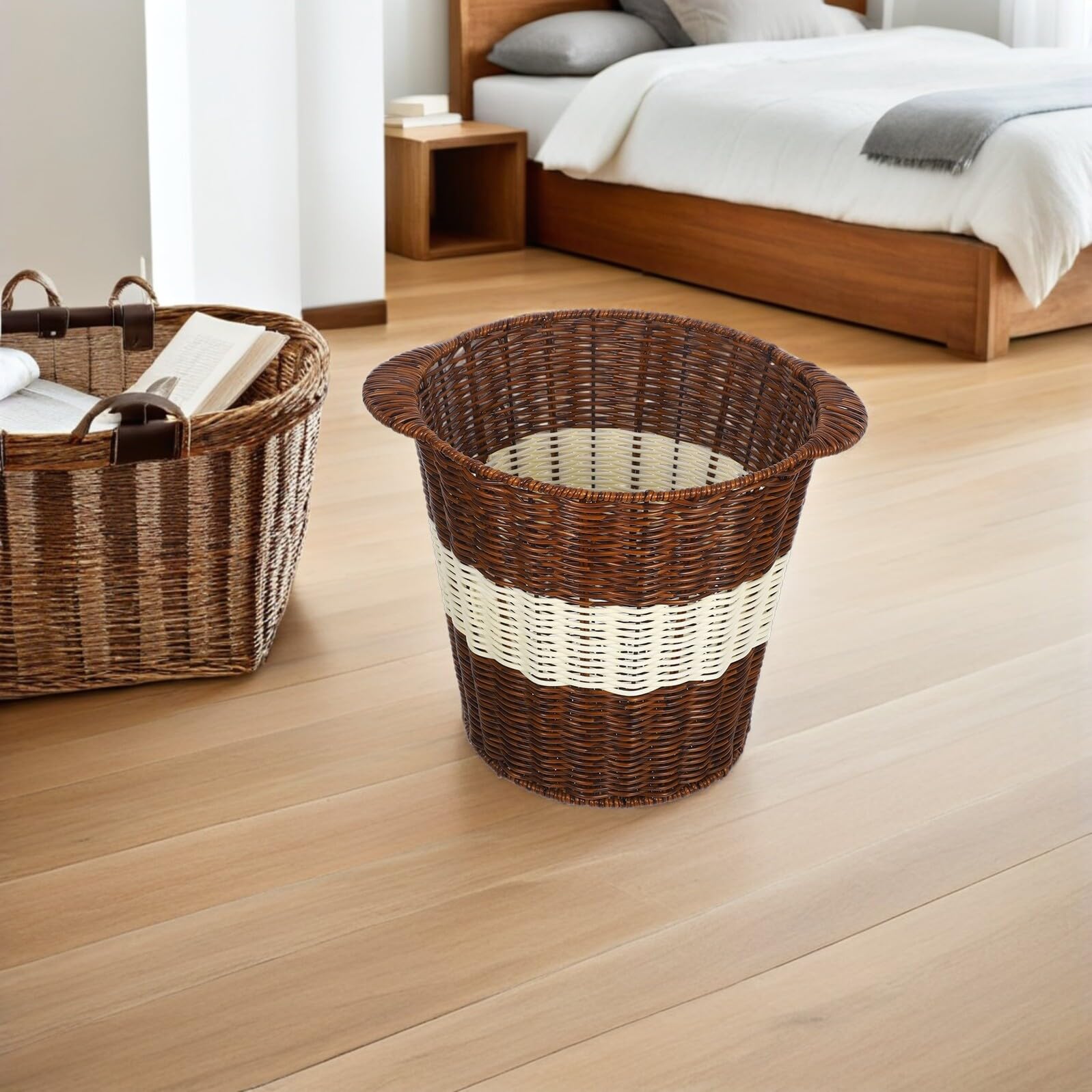 Cestino per Carta Straccia Intrecciato in Simile al Rattan per Ufficio e Bagno Grande Capacità Design Ventilato Facile da Pulire