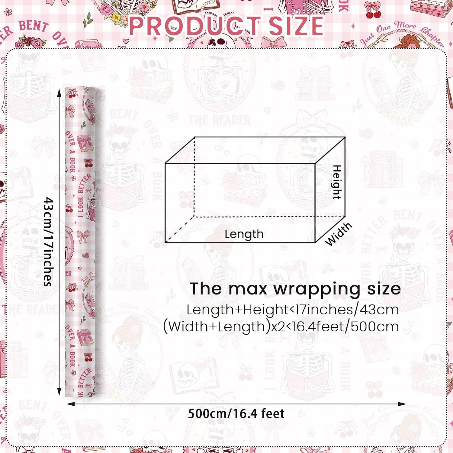 Joviwrap Pink Skeleton Book Wrapping Paper Roll for Girls Book Lovers, Funny Skull Gothic Reading Wrapping Paper for Women Goth Lover Bookish Birthday, Reading Club Party Supplies, 17 In x 16.4 Ft image 5