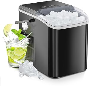Sweetcrispy Countertop Ice Maker with Handle, 26lbs/24H Portable Ice Machine, 9 Bullet Ice Cubes Ready in 6 Mins, Self-Cleaning, Quiet Compact Ice Maker for Home, Kitchen, RV, Camping, Black