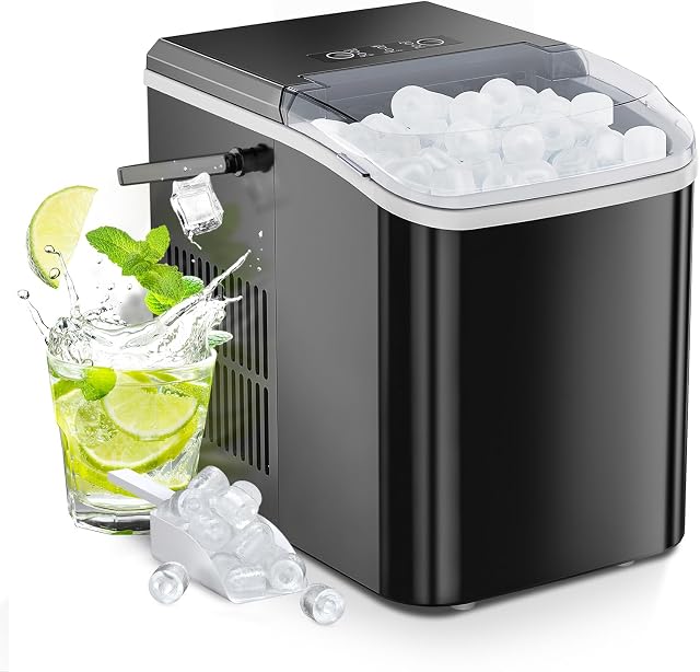 Sweetcrispy Machine à glaçons avec poignée, 26lbs/24H Machine à glace portable, 9 Cubes de glace Bullet Prêt en 6 Mins, Auto-nettoyage, Machine à glace compacte tranquille pour la maison, cuisine, RV, Camping, Noir