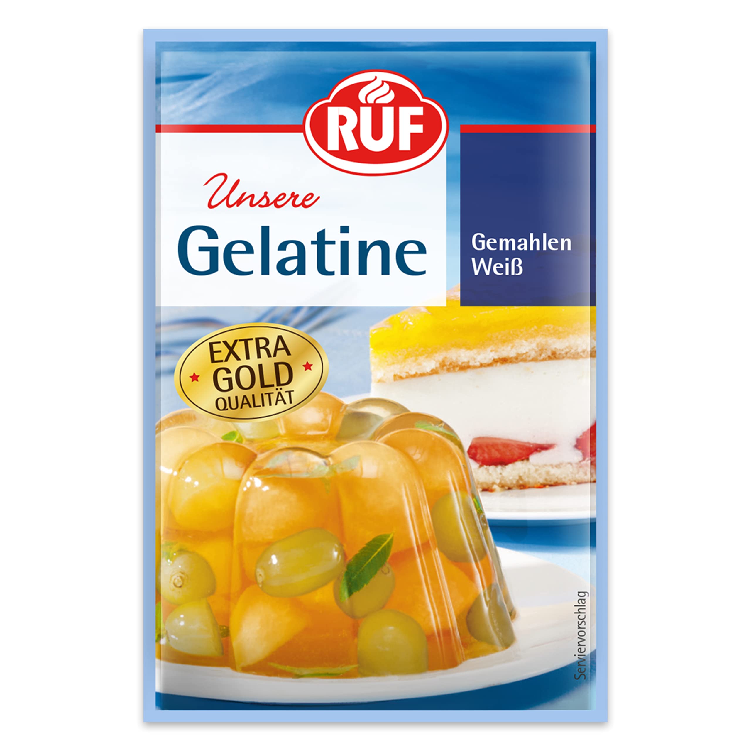 RUF Gelatine weiß gemahlen, Speisegelatine zum Gelieren, Verdicken, Stabilisieren und Emulgieren, einfache Verwendung ohne Klumpen, glutenfrei, 3x9g