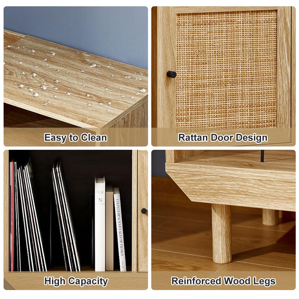 Armoire de rangement vintage en bois et rotin tissé – Organisateur de disques avec portes tissées à la main, pieds d’armoire en bois massif, étagère polyvalente pour disques, livres, fournitures de