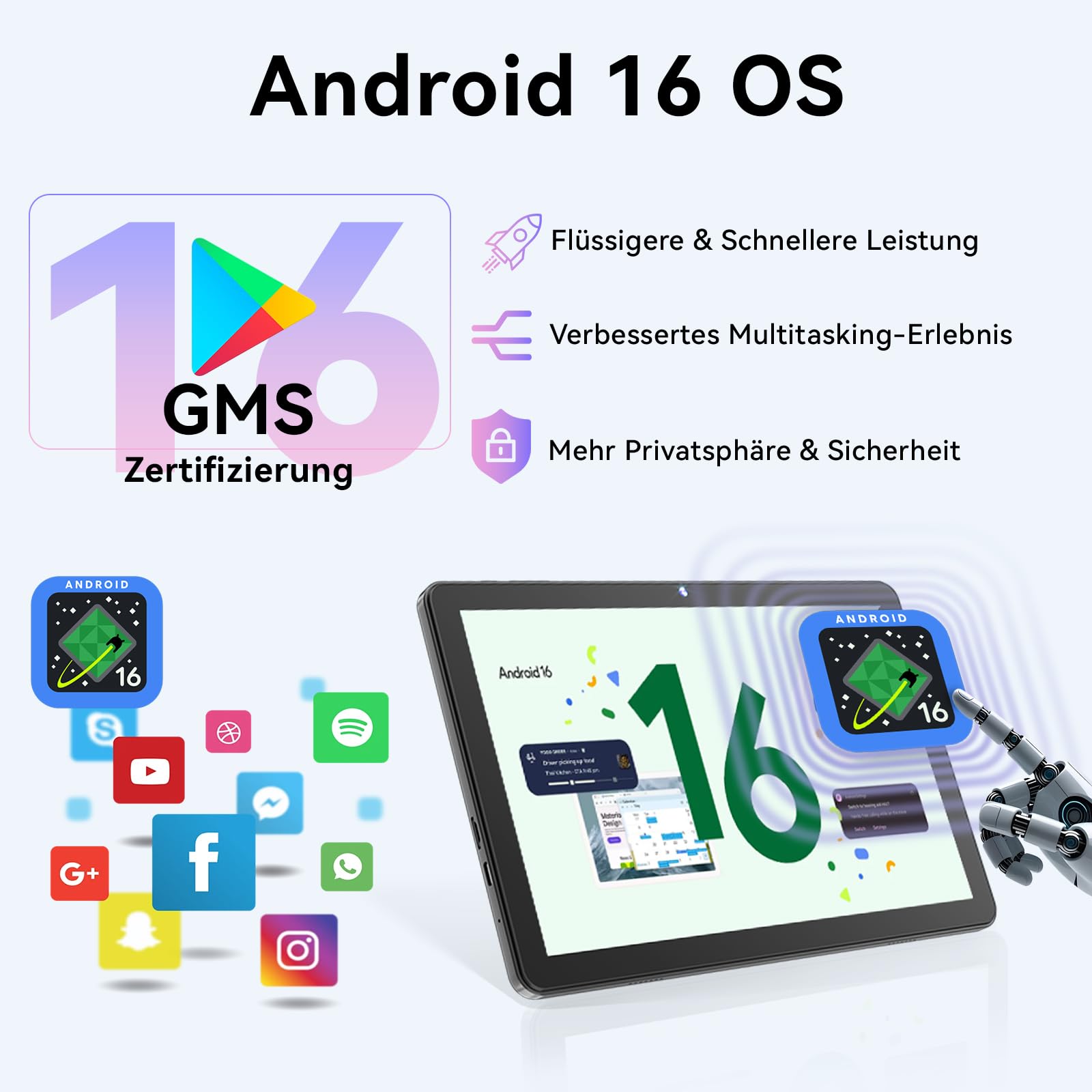 Android 16 Tablet 10 Zoll mit Gemini AI, Tablet mit Tastatur, Maus & Stylus, Octa-Core, 24 GB RAM + 256 GB ROM + 1 TB TF, 1920x1200 HD Display, 8MP + 13MP Kamera, 6000 mAh (Grau + Grau Hülle)