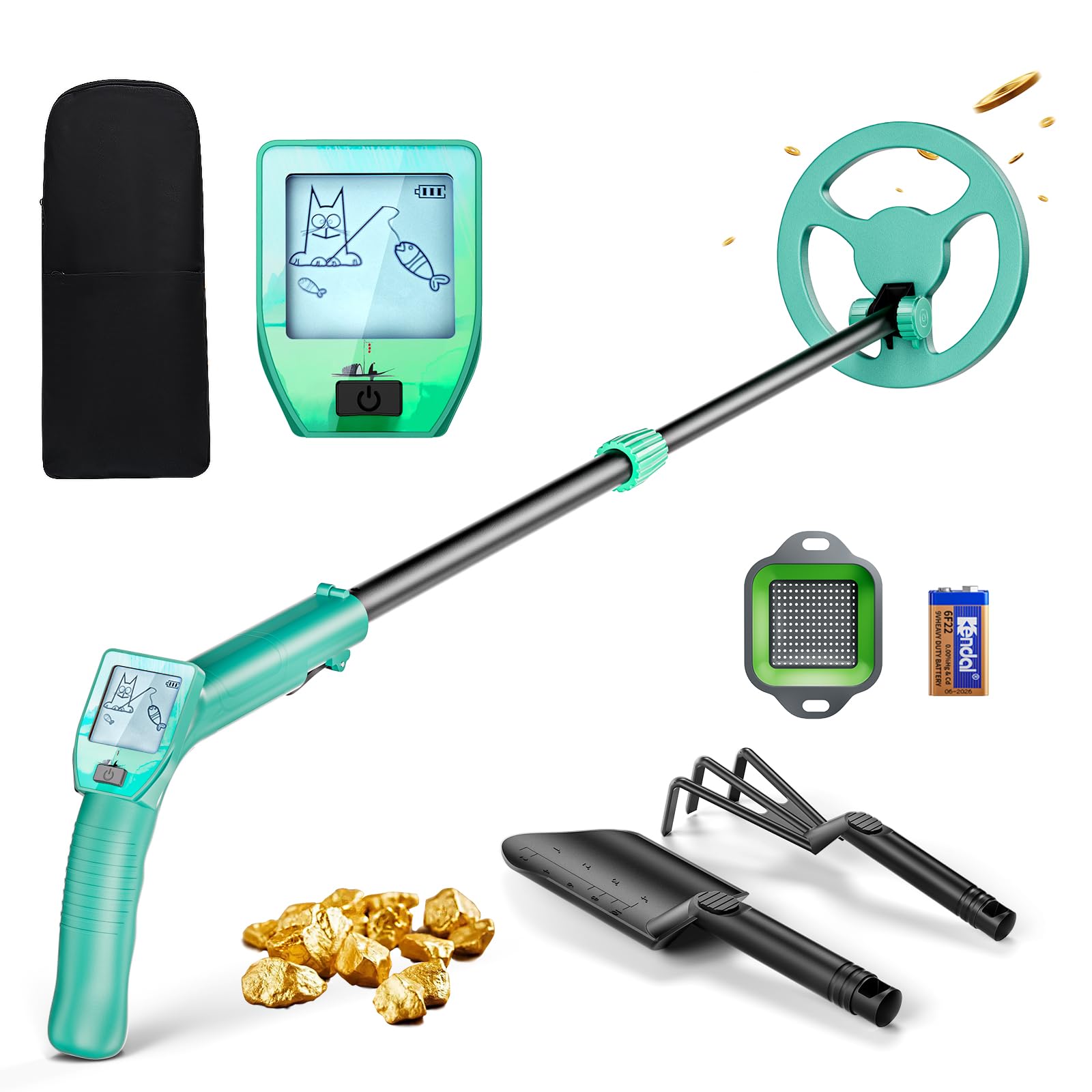 Metal Detector Bambini, Metal Detector per Bambino Leggero con Asta Regolabile 66-83 cm, Display LCD e Bobina di Ricerca Impermeabile, Pala, Rastrello, Setaccio e Borsa, Verde