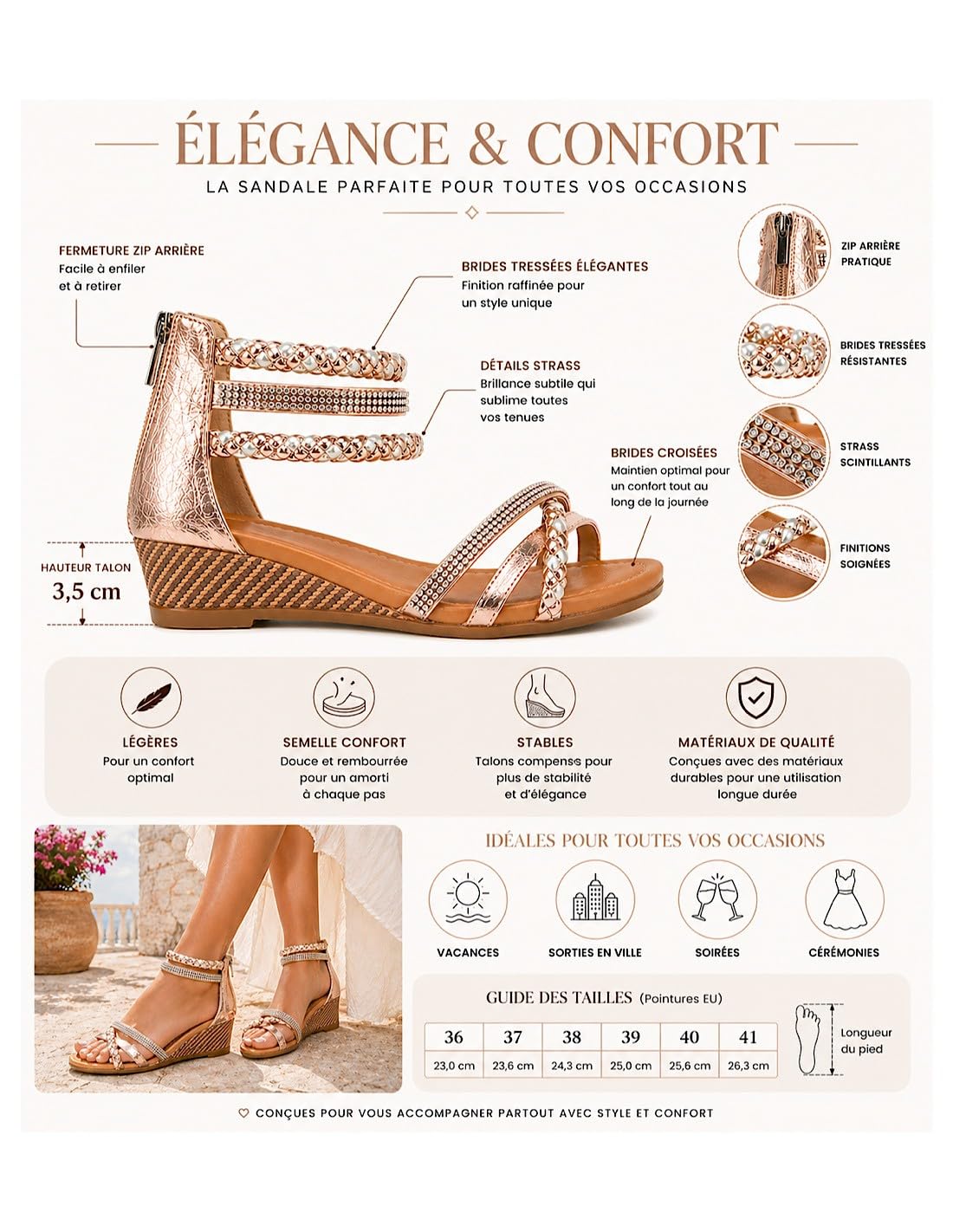 Sandales Femme Été Compensées Confort Élégantes Brides Tressées Strass – Chaussures Femme Légères Zip – Du 36 au 44