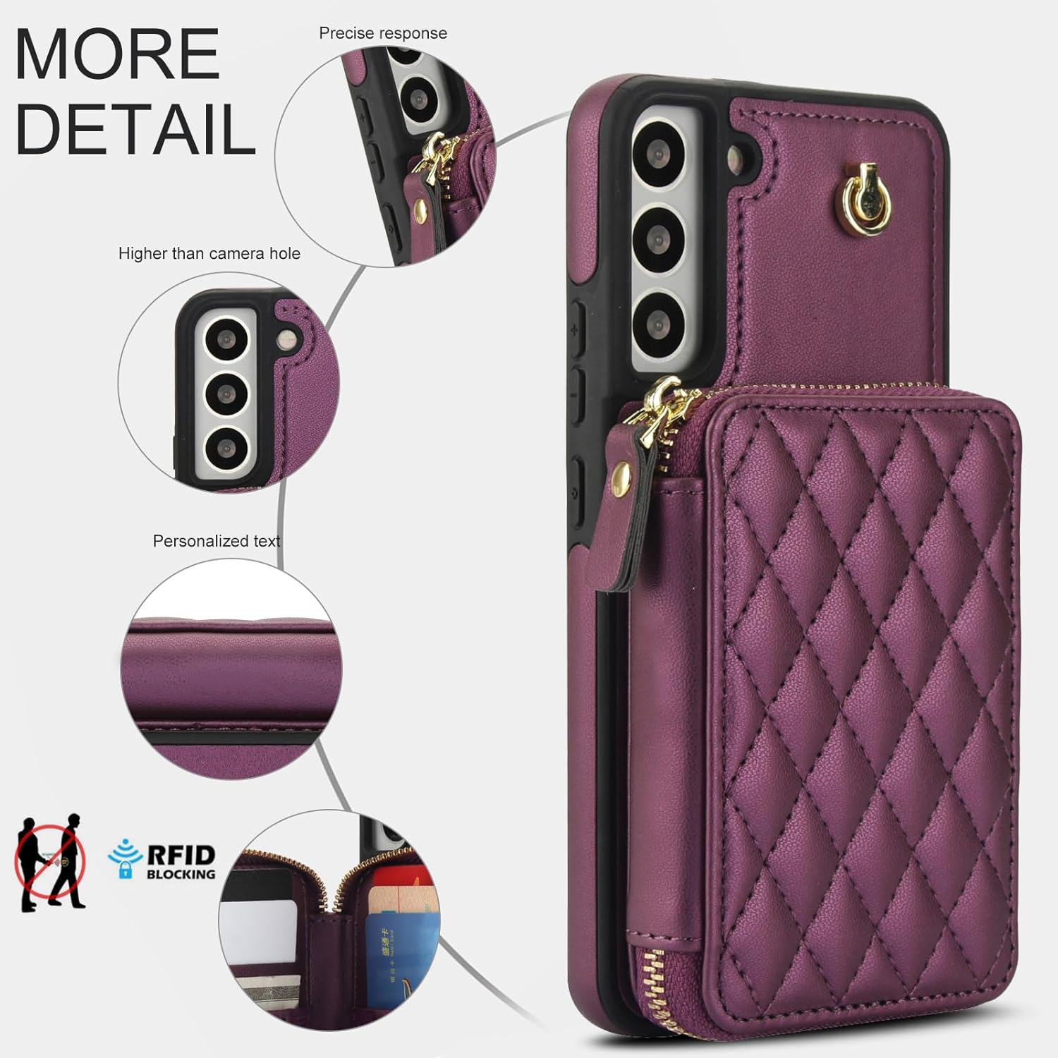 Phone Case for Samsung Galaxy S21 FE 5G Wallet Cell Cover with Tempered Glass Screen Protector Wrist Strap Lanyard RFID Blocking Card Holder S 21 EF S21FE5G UW S21FE 21S G5 6.4 inch Women Dark Purple