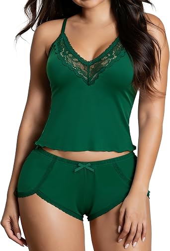 Sexy Pajama Set for Women Lace Trim V-Neck Sleepwear Cami Shorts Soft Lounge Sets