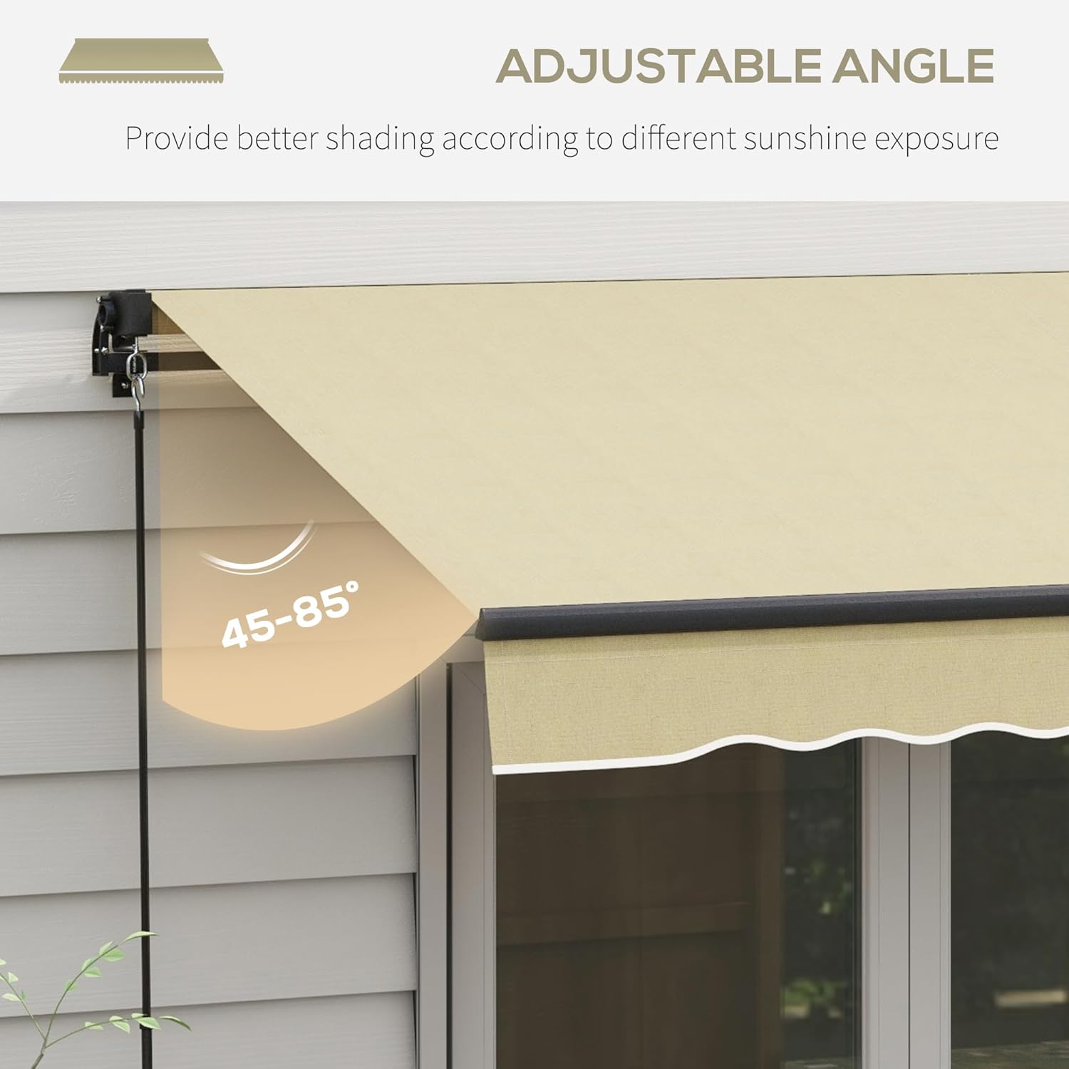 Diagram showing adjustable angle of the awning from 45-85 degrees.