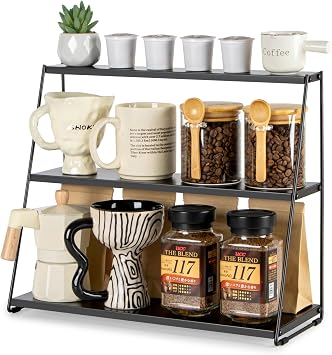 PUERSI Coffee Mug Holder, 3 Tier Metal Mug Display Rack for Countertop | Mug Shelf, Coffee Station Accessories Organizer for Kitchen, Office, Home - Black