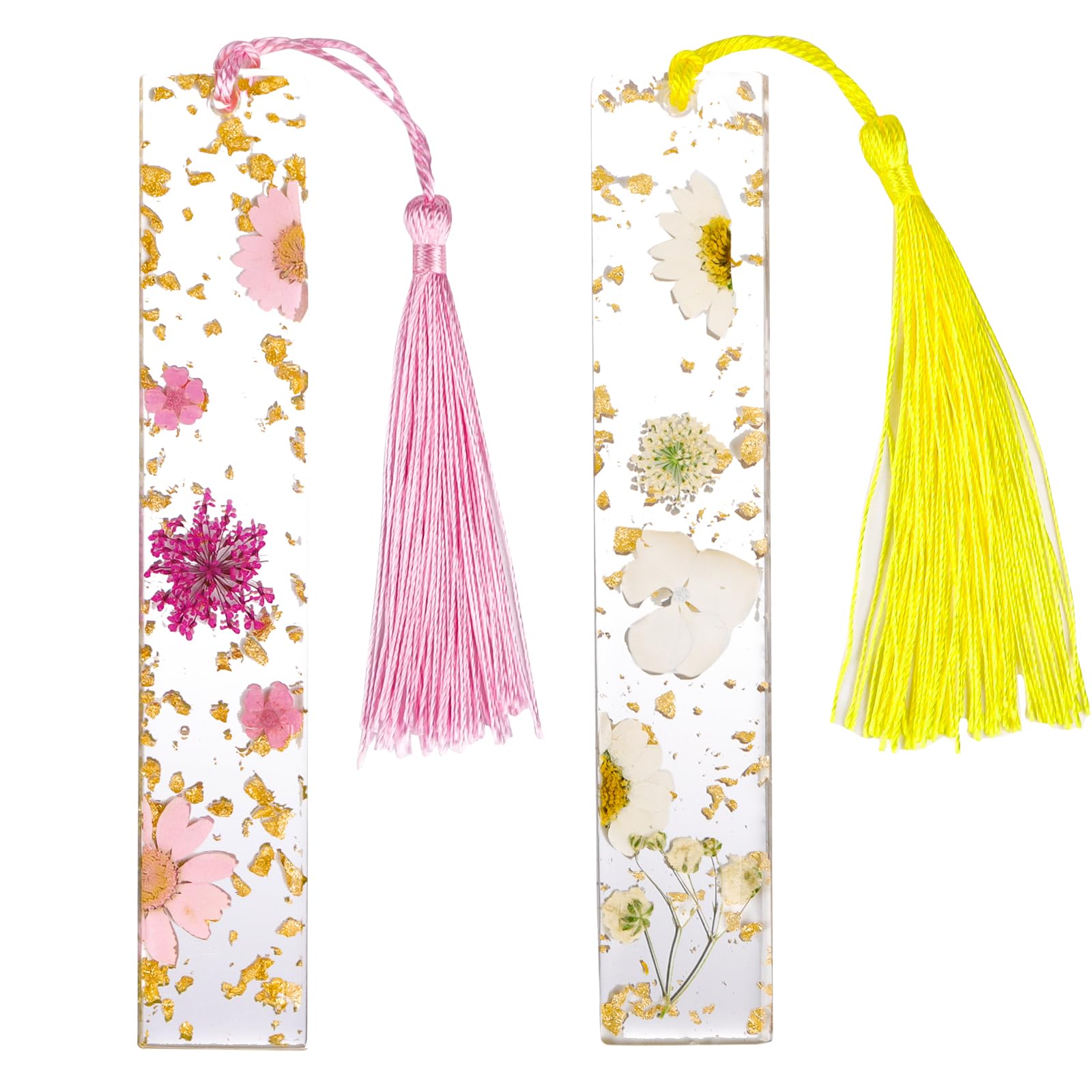 2pcs Marcapáginas Profesora Marcapáginas Flores Secas de Resina Punto de Libro Flores Prensadas Crisantemo Blanco Rosa Regalo para Profesora Mujer Alumnos
