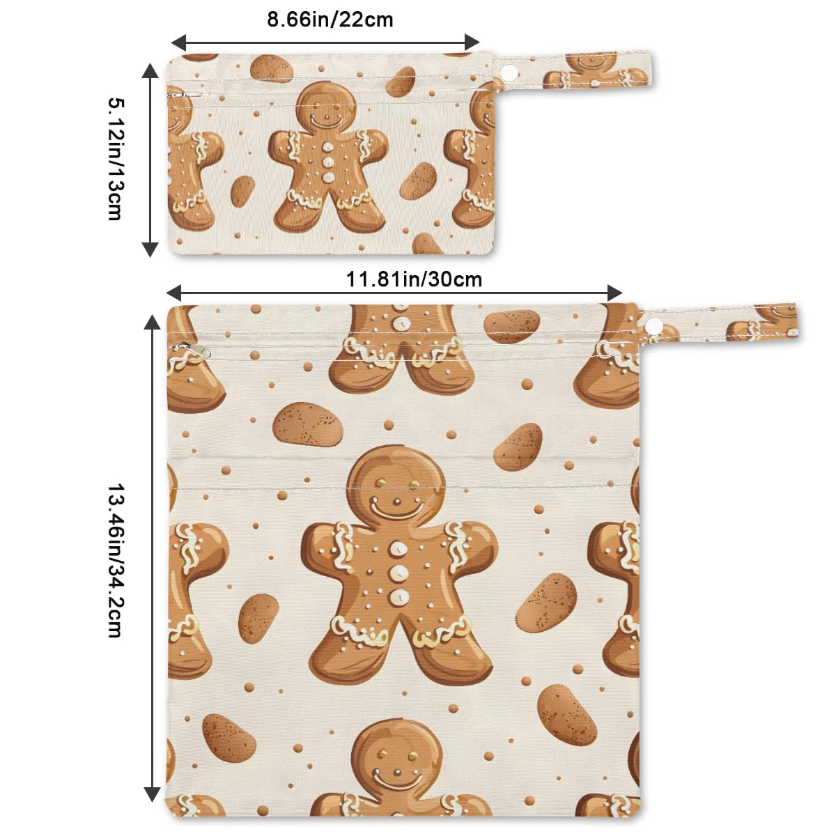 2pcs Cloth Diaper Wet Dry Bag with Two Zipper Pocket Waterproof Storage Bag Travel Laundry Bags, Beach, Pool, Breast Pump Parts, Gym Bag for Swimsuits & Wet Clothes for Baby (Gingerbread Man Shape)