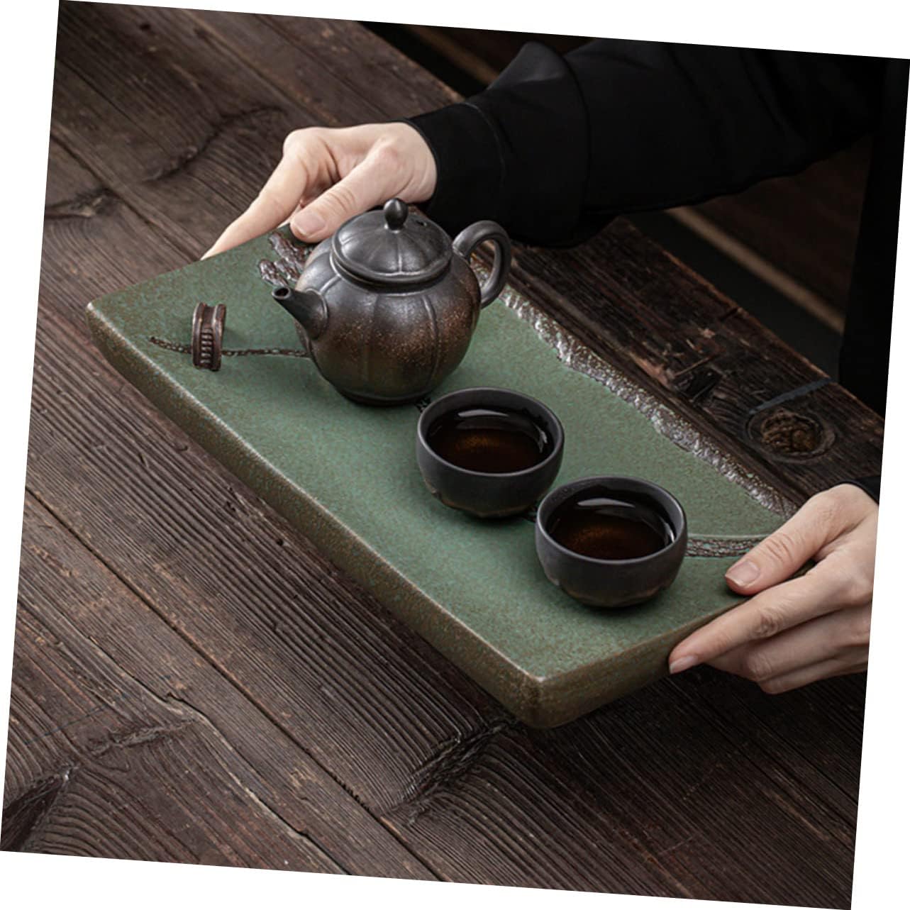 Ceramic Tea Serving Tray Dual Drainage Design Rectangular Water Storage for Home Use Vintage Teapot Holder Wear-Resistant Tea Table Ornament