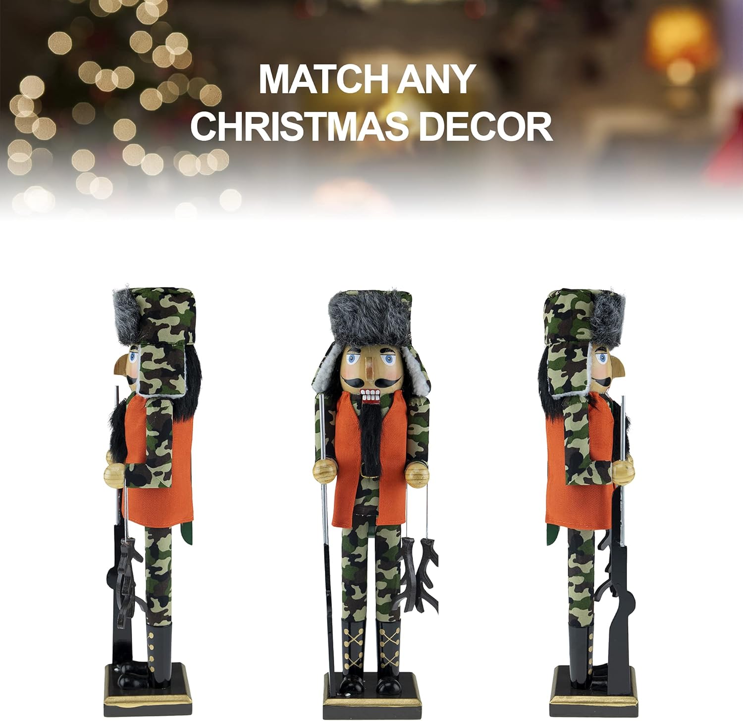 Clever Creations Hunter 15 Inch Traditional Wooden Nutcracker, Festive Christmas Décor for Shelves and Tables