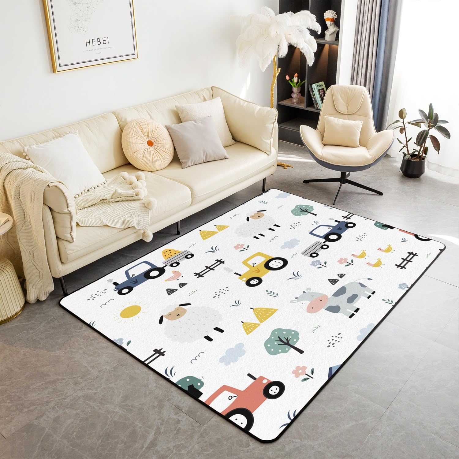 Loussiesd Tractor Decor Carpet Area Rug 100 * 150cm Cartoon Farm Equipment Trucks Living Room Rugs for Kids Boys Girls Decor Farm Animal Accent Rug Microfiber Farm Nursery Decor Decor Rug