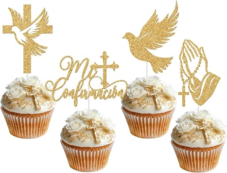 Mi Confirmacion Cupcake Toppers, First Holy Communion Decorations, Blessing Confirmation, Dove Cross God Bless Cupcake Picks, Religious Christening Wedding Birthday Party Decorations Gold 20pcs