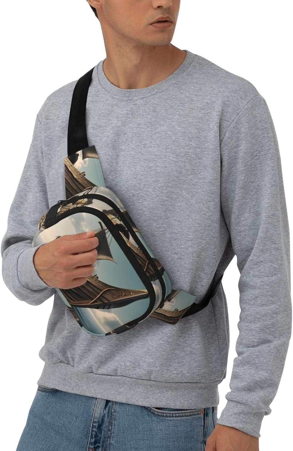 Old Viking Boat Print Fashion Waist Packs Square Layer Waist Bag Black Belt Bag with Adjustable Strap
