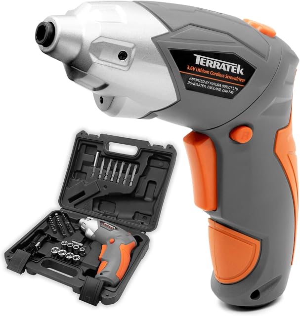 Terratek Cordless Screwdriver Terratek 3.6V 1300 mAh Rechargeable Lithium-Ion Battery Pivot Handle DIY Socket Electric Screwdriver Set Accessory Kit, LED Worklight, Carry Storage Case (45 Piece)