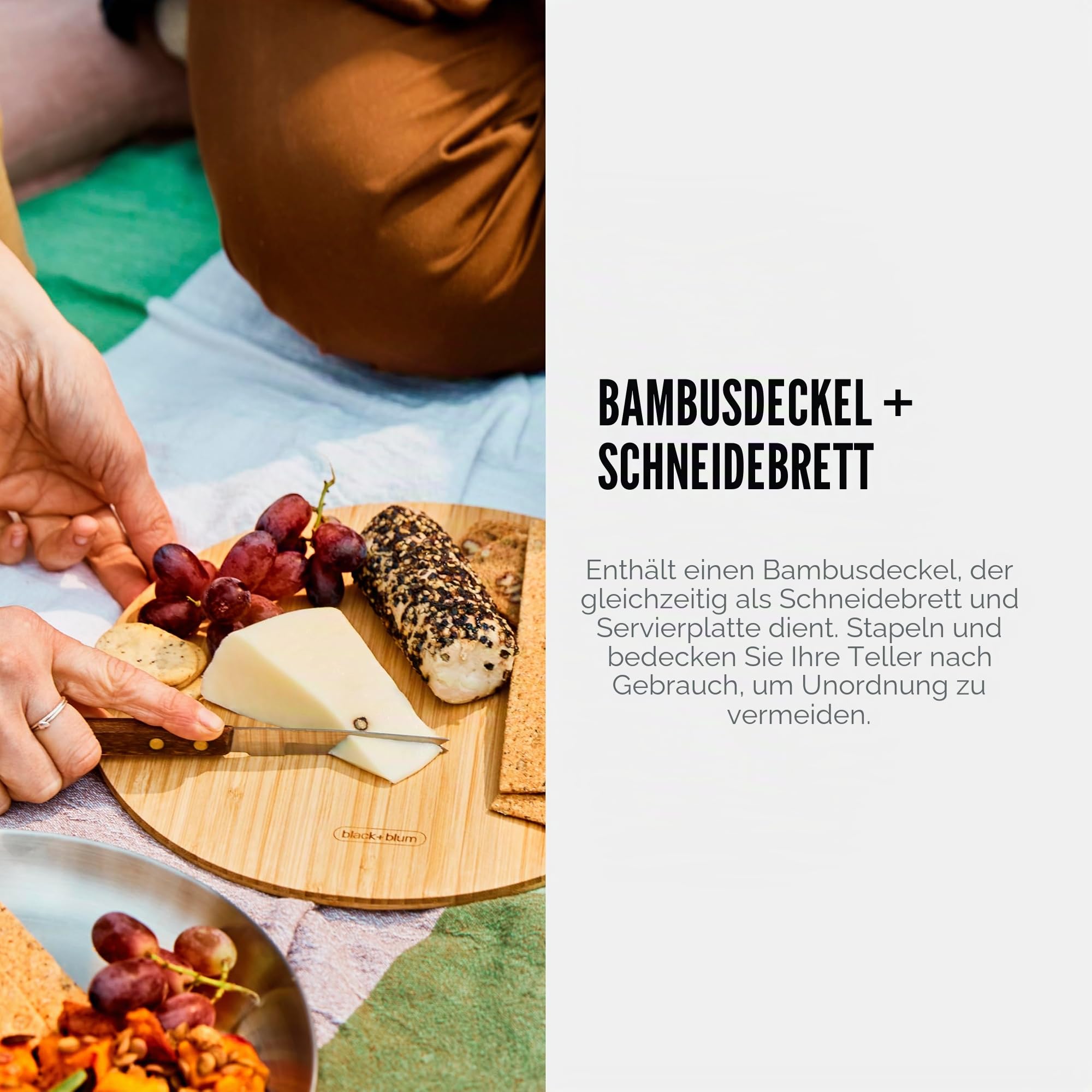 BLACK + BLUM Picknickteller 4er Set - Edelstahl Teller mit Bambus Schneidebrett Deckel und Tragegurt