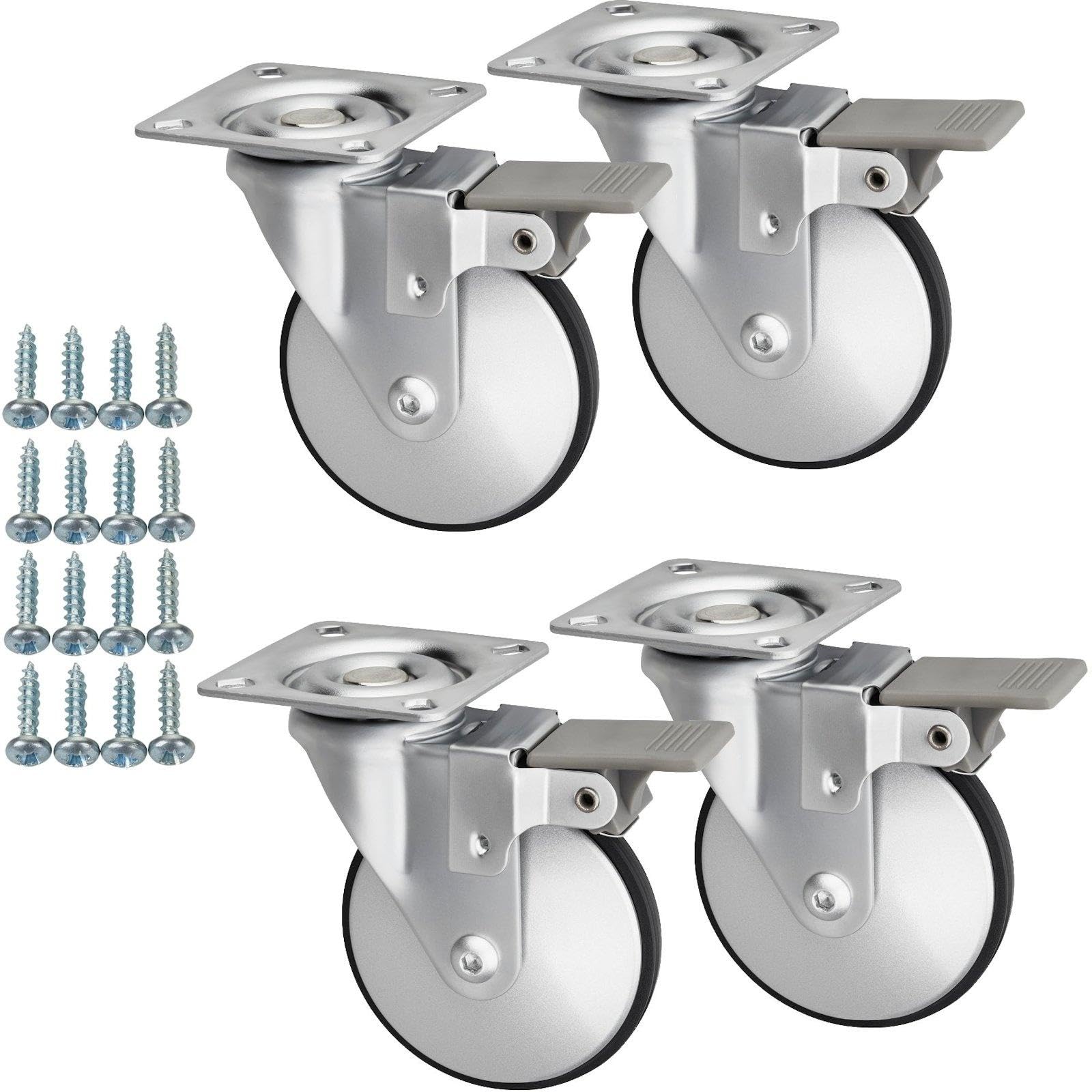 SOTOOLS 4er Set Lenkrollen HANS für Möbel 360° drehbar mit Bremse – Möbelrollen in silbergrau, 75 mm, TPEE, belastbar bis 140 kg, Anschraubplatte, Schraubenset 5 x 17 mm