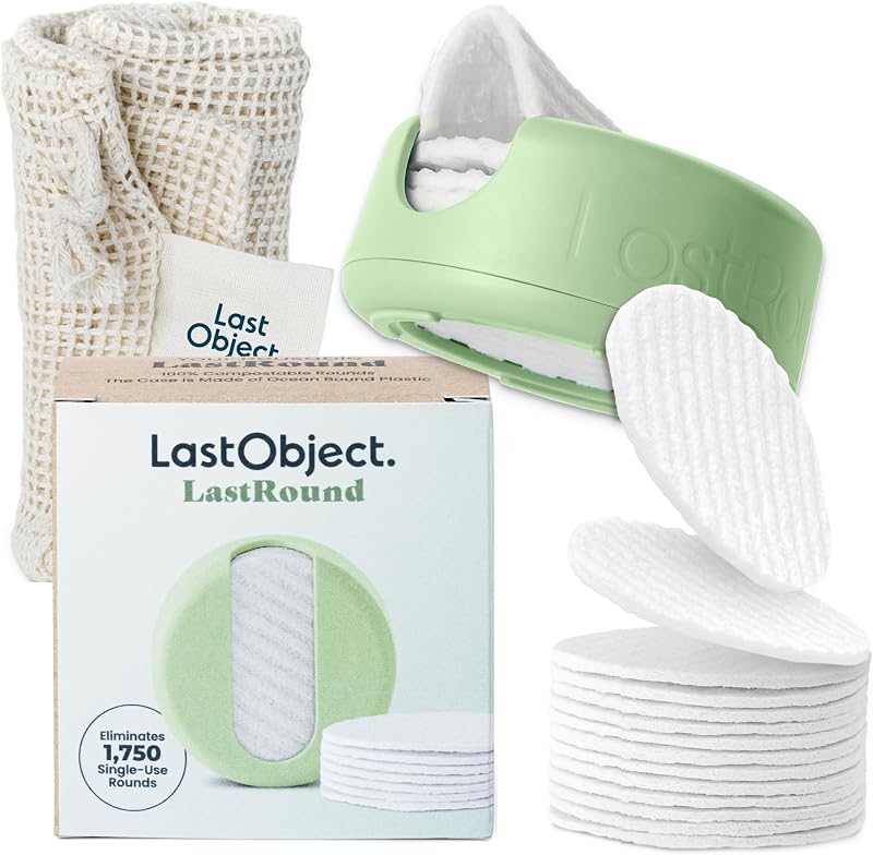 LastObject LastRound Kit com discos reutilizáveis, estojo de viagem, 2 pacotes de reposição, 21 discos e saco de lavagem de algodão orgânico, Verde