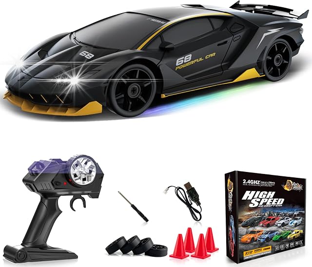 Remote Control Car RC Drift Car 2.4GHz 1:24 4WD 15KM/H High Speed Racing Sport Car with LED Lights Drifting Tire Racing Sport Toy for Adults Boys Girls Kids Gift 2Pcs Rechargeable Batteries