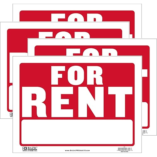 BAZIC For Rent Sign 9"X12", For Rent Rental House Home Apartment Car Auto Store Shops Business Waterproof Indoor Signage, 4-Pack