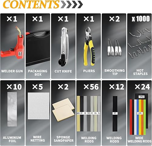 Miniatura 8 de Soldador de plástico de 150 W, kit de soldadura de plástico, reparación de parachoques de automóvil, 800 grapas calientes y 56 piezas, 7 tipos de