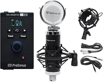 Audiosavings Bundle Presonus Revelator io44 USB Audio Recording Interface w/Built-in Mixer/Effects Bundle with Rockville RCM03 Pro Studio Recording Condenser Microphone Mic+Shock Mount 2 Items