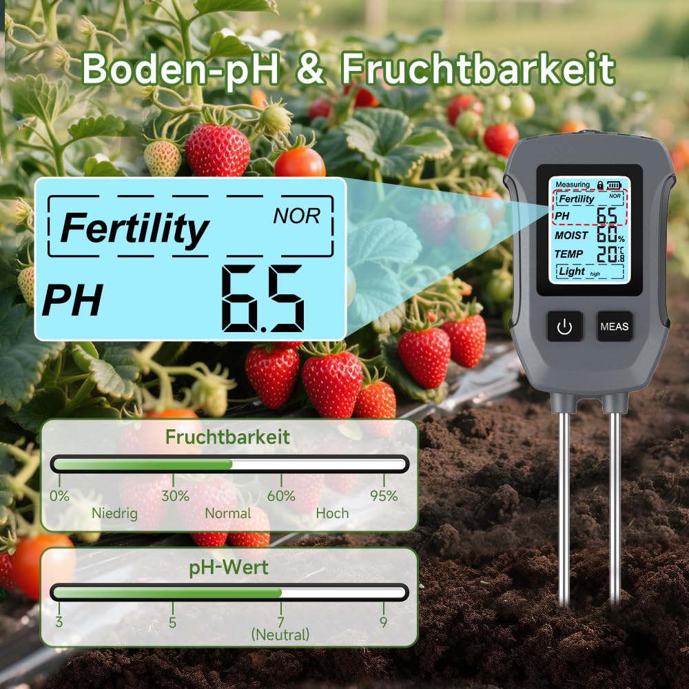 Uzoli SGS13 Feuchtigkeitsmessgerät Pflanzen, 5 in 1 Bodenmessgerät für Fruchtbarkeit, PH Wert, Sonnenlichtintensität, Temperatur, Bodenfeuchte, Feuchtigkeitsmesser der Erde für Garten und Rasen