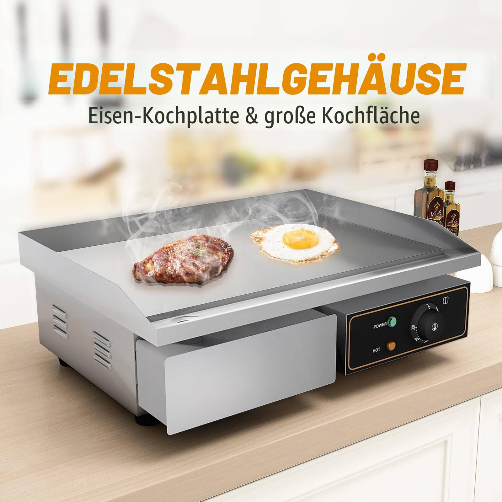 Grillplatte Elektrisch glatt Bratplatte, Elektrogrill | 55 x 34 cm Grillfläche aus Gusseisen,Profi Gastro Elektrische Tischgrill 3000W