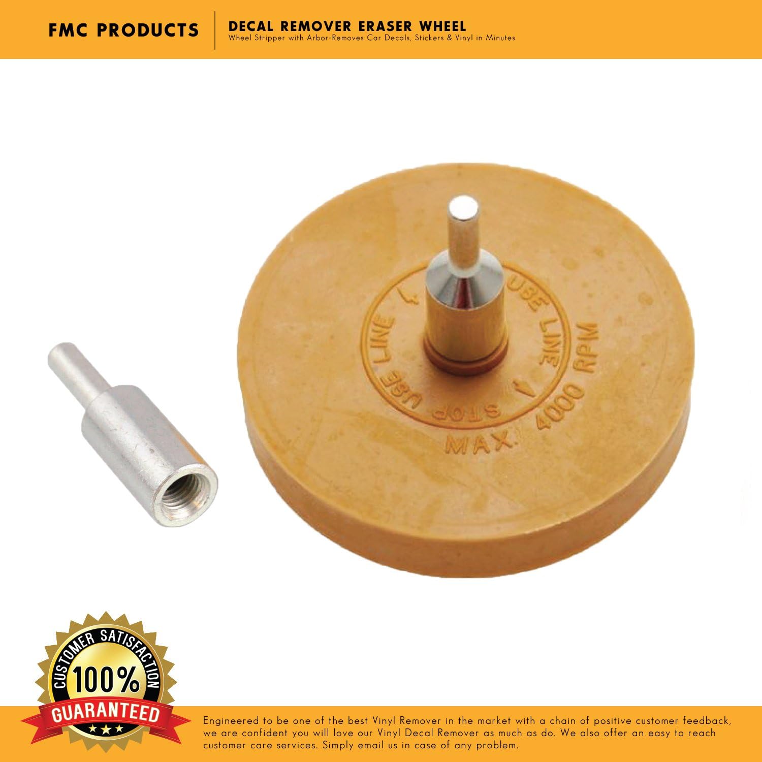 Decal Remover Eraser Wheel - 4" Diameter x 5/8" Width, Similar to 3M Wheel Decal - Wheel Stripper with Arbor-Removes Car Decals, Stickers & Vinyl in Minutes