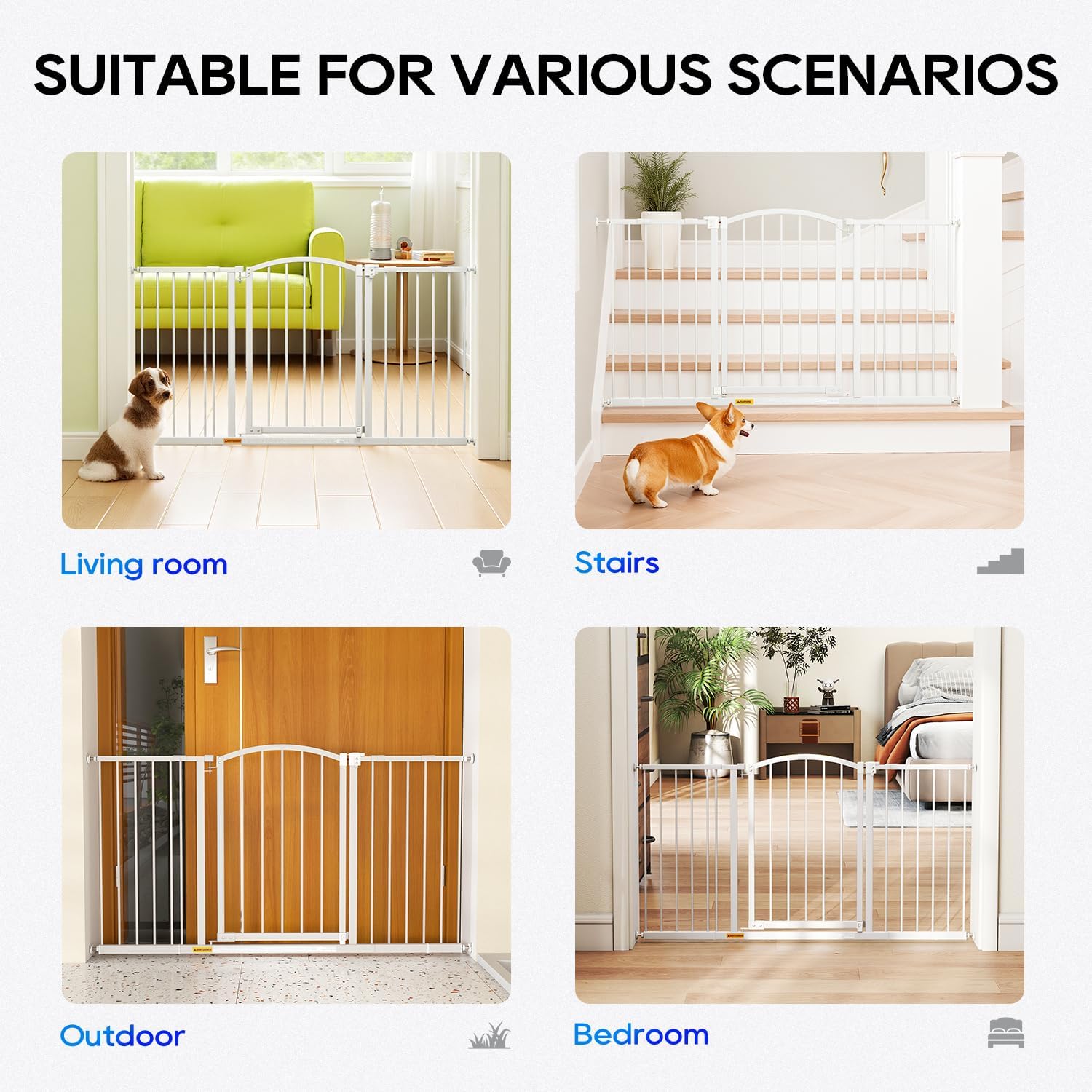 FDW 27” Tall Arched Extra-Wide Pet Gate,Adjustable 28”-51” Openings Walk-Through Metal Safety Gate for Indoor Stairs & Doorways, White