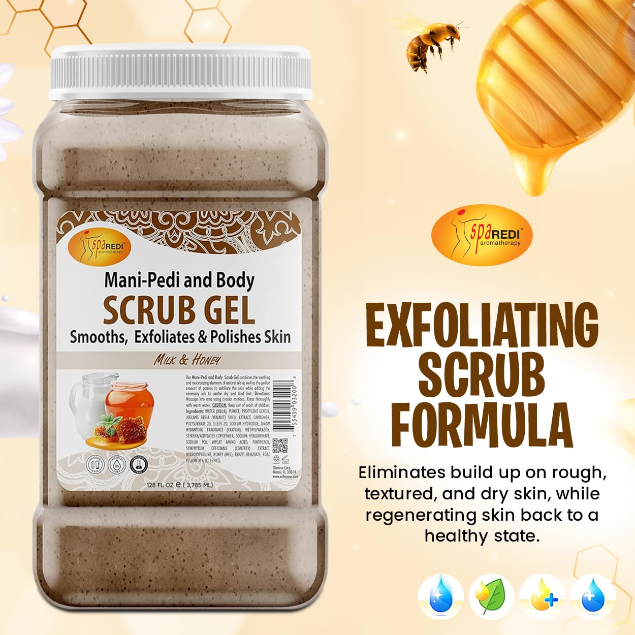 SPA REDI - Exfoliating Scrub Pumice Gel, Milk and Honey, 128 Oz - Manicure, Pedicure and Body Exfoliator Infused with Hyaluronic Acid, Amino Acids, Panthenol and Comfrey Extract - Image 6