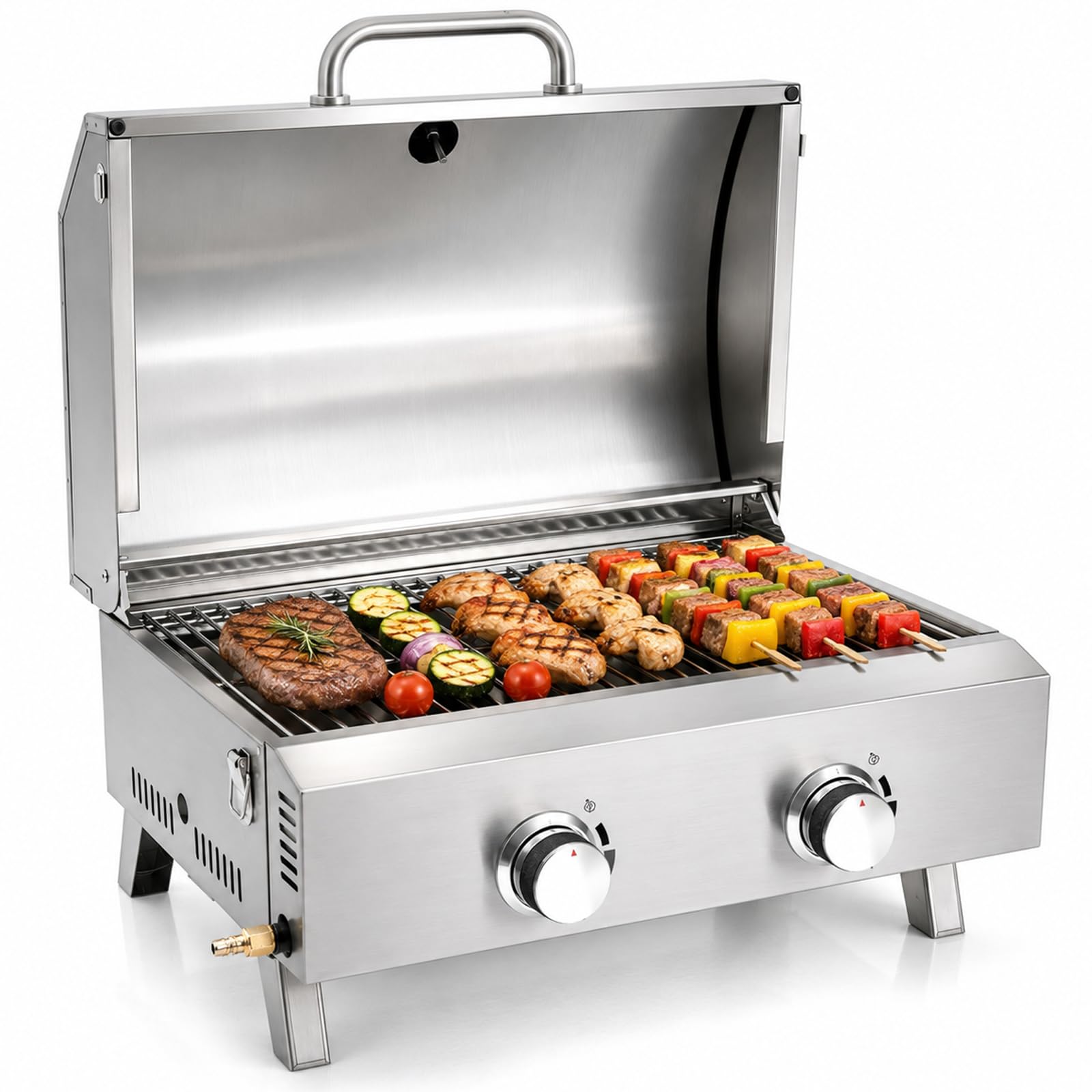 Grill gazowy, 2 palniki, kompaktowy grill gazowy ze stali nierdzewnej, przenośny, kempingowy grill gazowy LPG z rusztem do grillowania, termometrem i kamieniem do pizzy, do ogrodu, na taras, piknik i