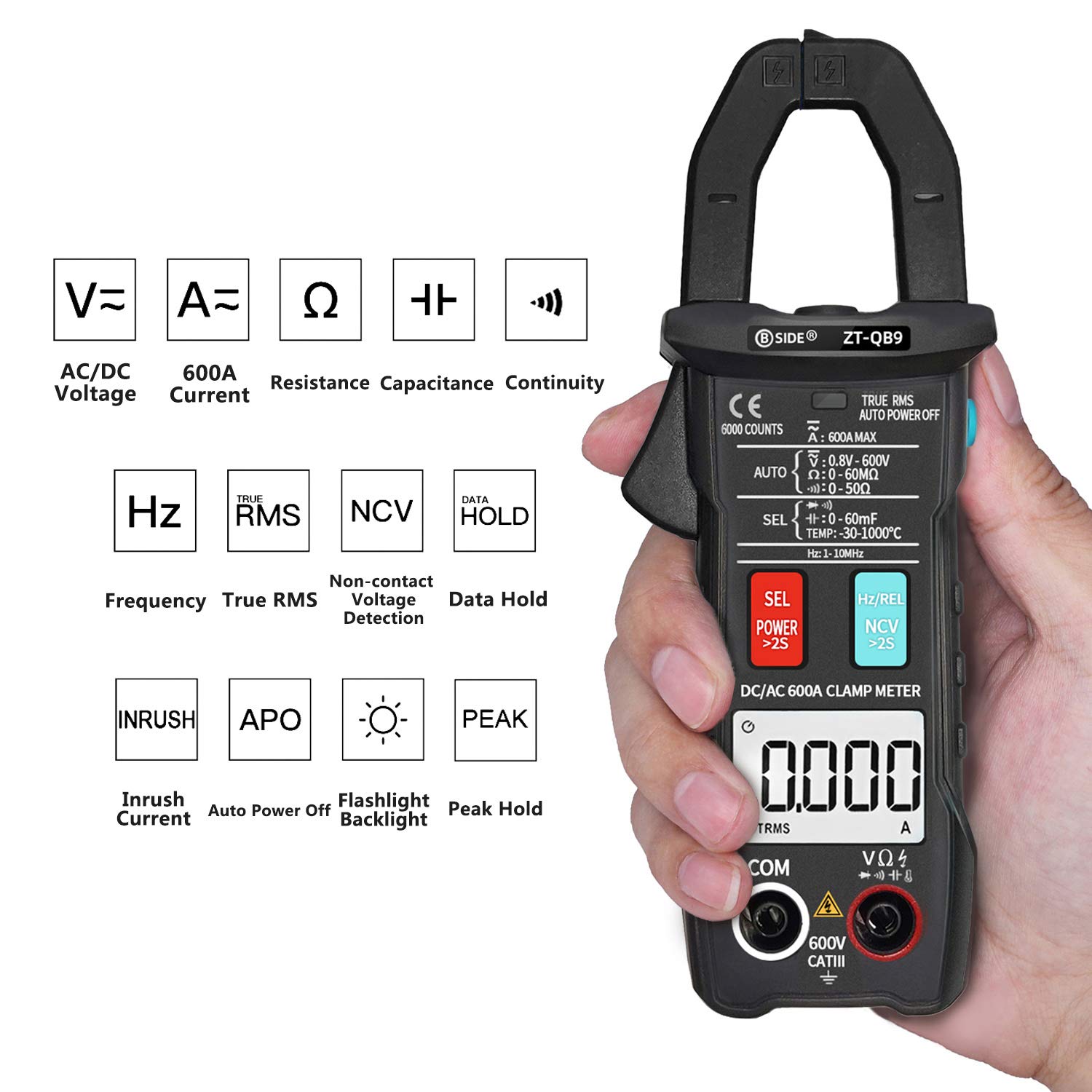 /G ZT-QB9 Pinza amperometrica DC 600A True RMS Auto-Ranging 6000 conteggi Misuratore Corrente di spunto capacità Temperatura Controllo dal Vivo Test di Tensione