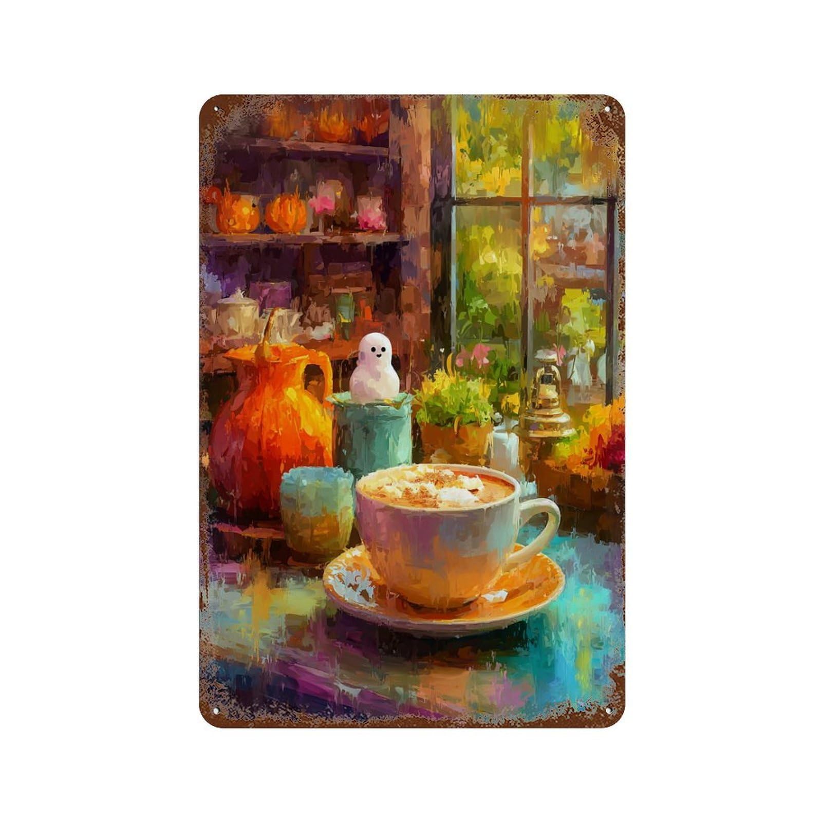 Autumn Cozy Coffee Scene Rust Effect Tin Sign 11.8"x7.9", Farmhouse Wall Decor for Living Room, Hallway And Home Decor
