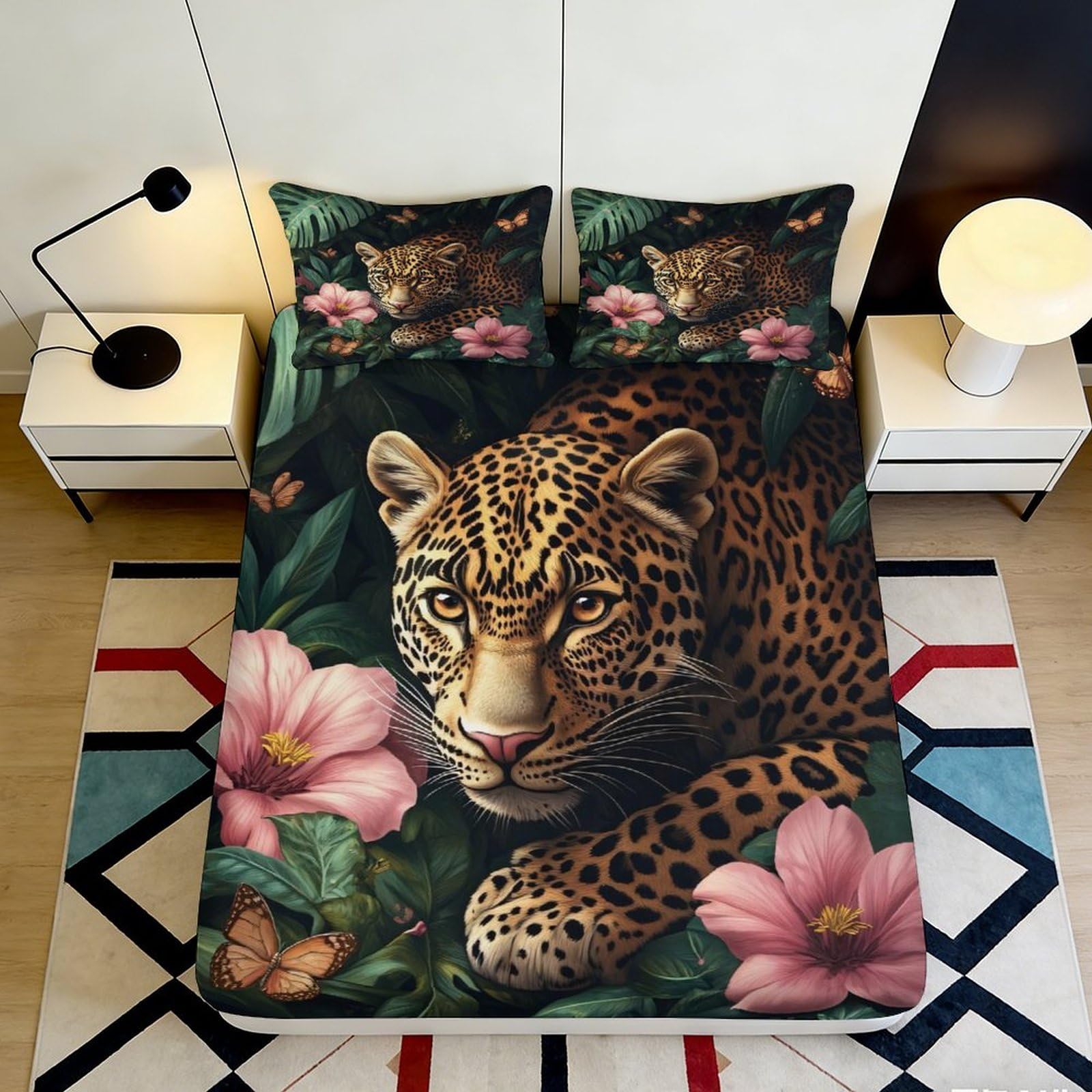 Pnayamiorkfel Style-7 3D Printed Leopard Jungle Fitted Sheet Microfiber Anti-Slip Floral Bed Cover For Bedroom Guest Room Decor 90X200x25cm