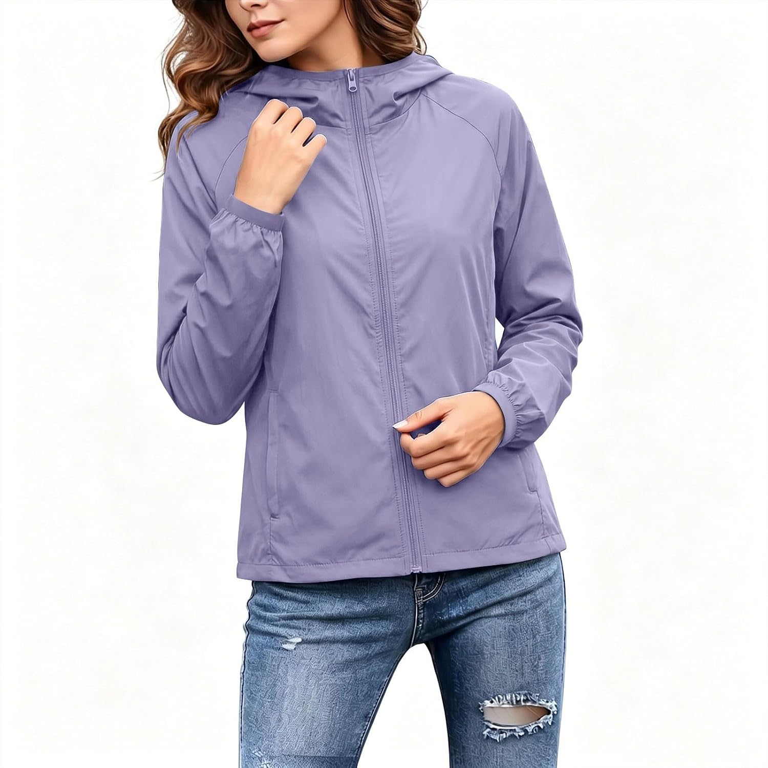Windbreaker for Women Lightweight Hooded Full Zip Rain Jacket Coat | Women's Casual Zip Up Waterproof Jacket with Raglan Sleeve, Elastic Cuffs, Zip Pockets for Spring Fall Travel Outdoor