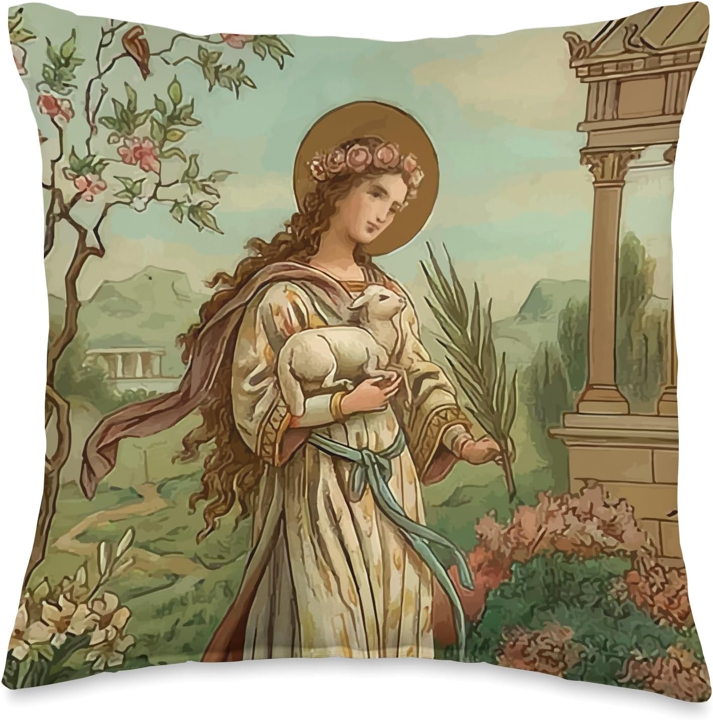 St Agnes of Rome Prayer Card Vintage Catholic Art Saints Throw Pillow