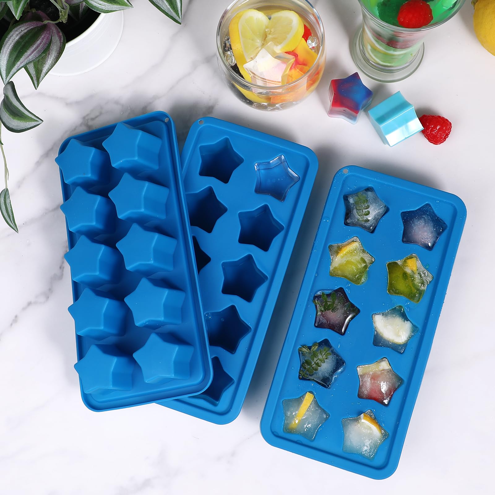 Webake Silicone Ice Cube Trays Star Shaped Ice Cube Molds for Whiskey and Cocktails, Easy Release Jelly Crayon Mold Pack of 3 Blue