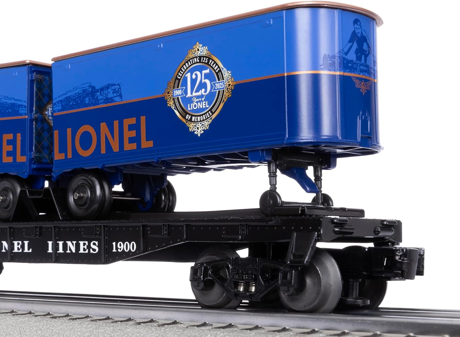 Lionel 125th Anniversary O Gauge Model Train Flatcar with Two Piggyback Trailers