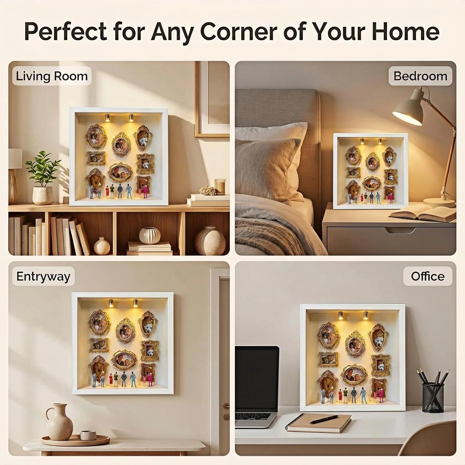 DIY Mini Museum Shadow Box Kit with 8 Tiny Gold Frames & 8 Mini Figurines, 2 LED Lights - Silhouette Display for Wallet-Size Photos & Small Crafts, Gift for Her, 10x10x1.9 Inch (Black)