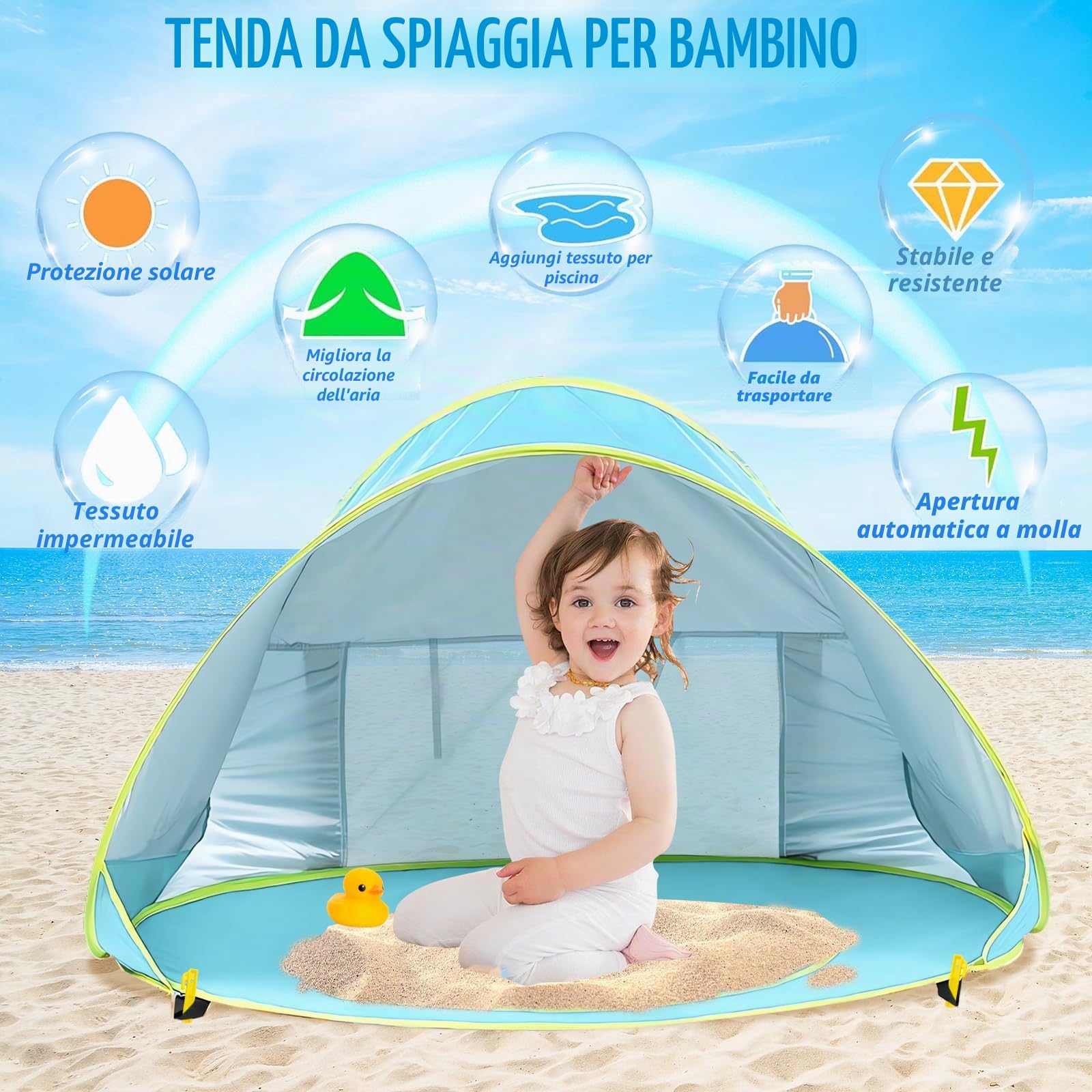 Tenda da Spiaggia Bambini, Tenda Istantanea Portatile, UPF 50+Tenda Spiaggia per 1-3 Persone, per Vacanza in Spiaggia Campeggio Viaggi - Blu