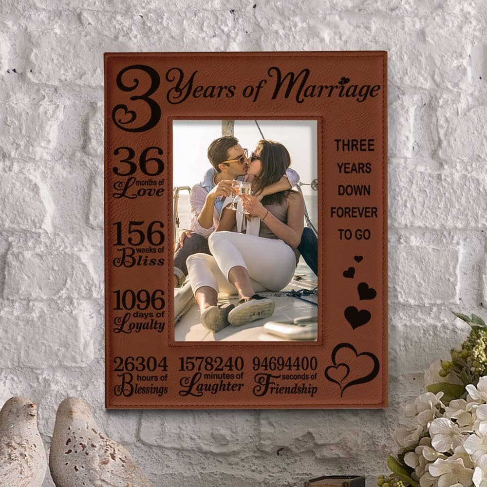 KATE POSH 3rd Anniversary Engraved Rawhide Leather Picture Frame (5x7 Vertical)