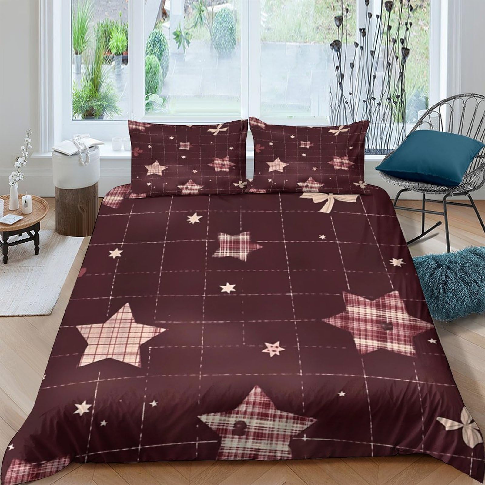 P5V6M1Q9 3D Printed Plaid Star Duvet Cover Set Microfiber Soft Breathable Maroon Bedding Set with 2 Pillowcases for Bedroom Decor Single（135x200cm）