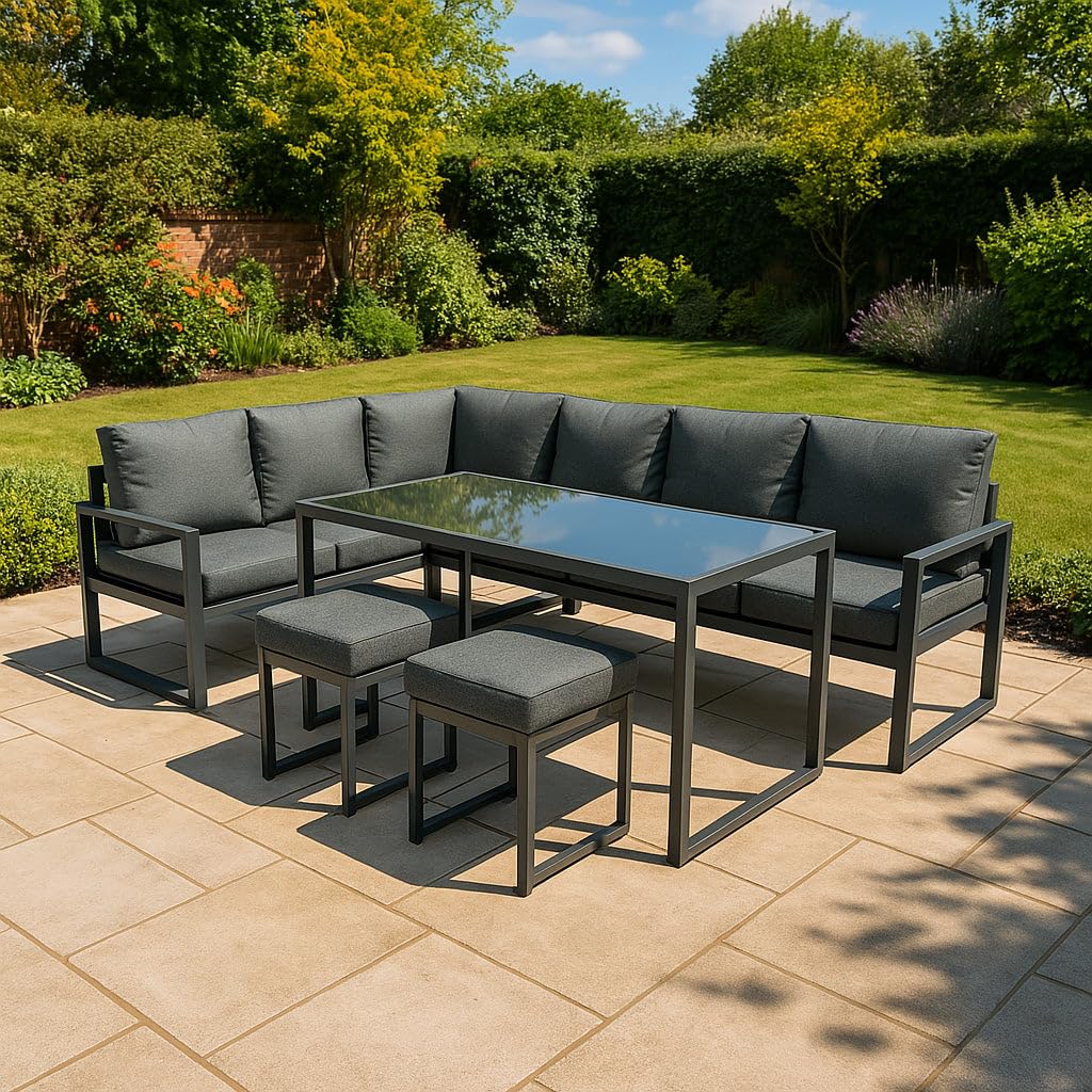 Conjunto Sofá Esquinero de Aluminio 7 plazas | Gris Antracita | Sofa + 2 Taburetes + Mesa con Tapa de Vidrio + Funda Impermeable | Cojines Lavables, Diseño Moderno y Resistente para Jardín Terraza
